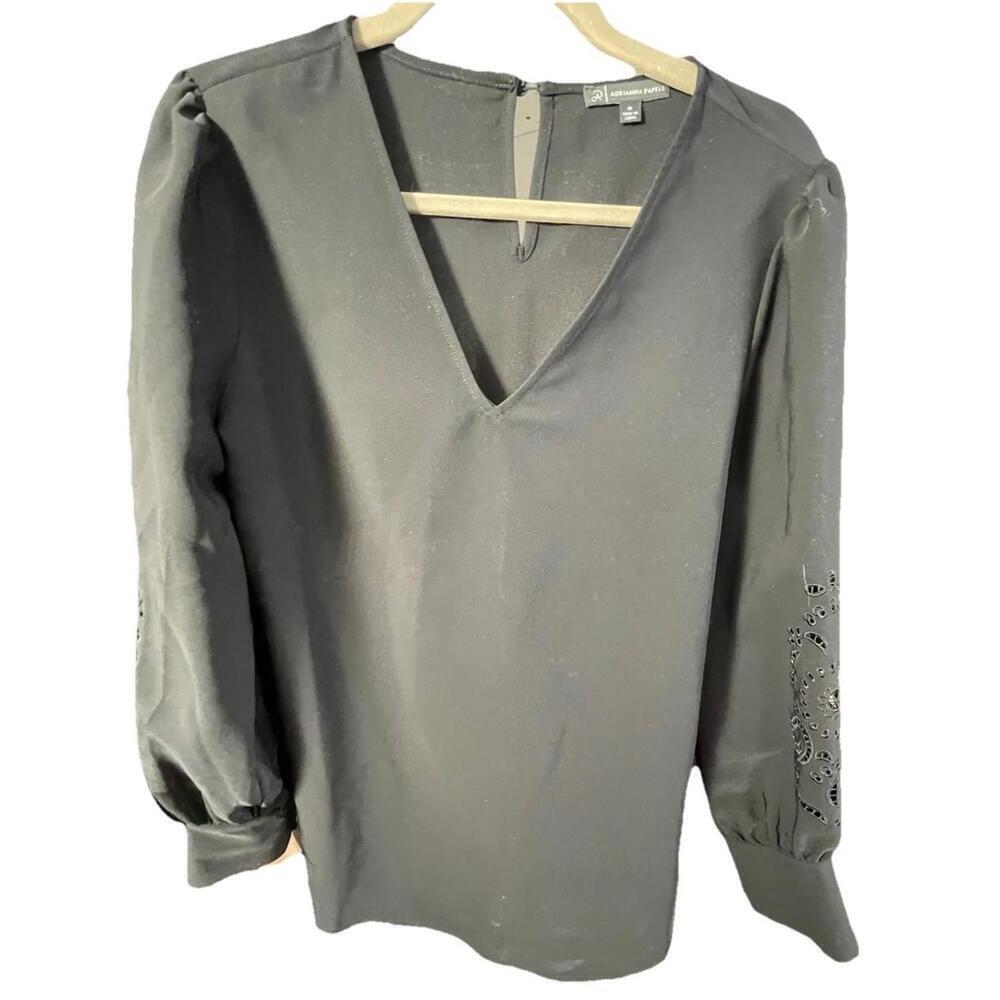 Adrianna Papell Black Long Sleeve Blouse W/ Puff Sleeves & Laser-cut Details Med